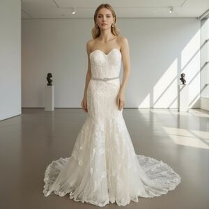 Galina Signature Ivory Wedding Dress Size 4 Corset Mermaid Lace Strapless Train